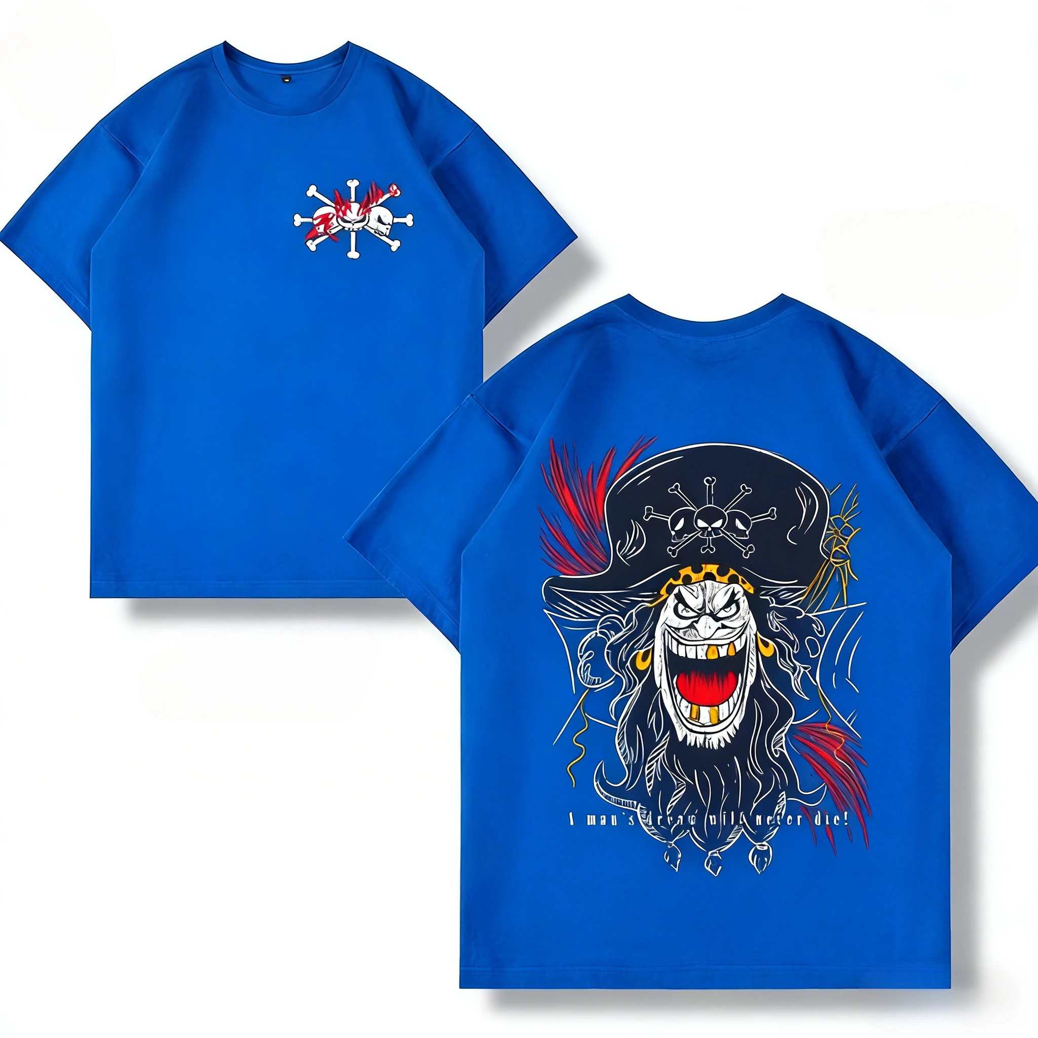 Anime One Piece Blackbeard T-Shirt Men Cool Sketch Graffiti Print Short Sleeve Casual Streetwear Tops