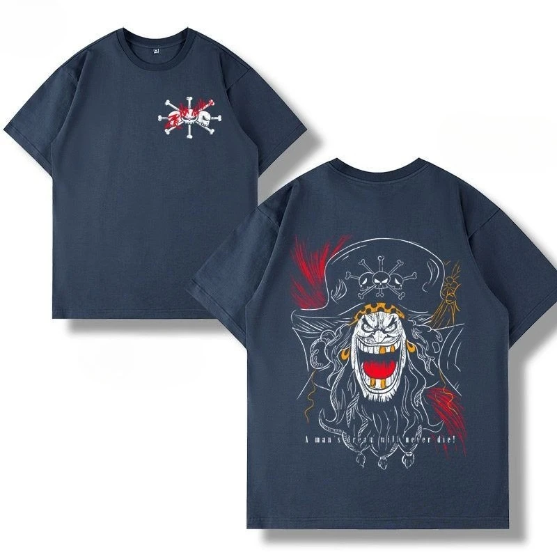 Anime One Piece Blackbeard T-Shirt Men Cool Sketch Graffiti Print Short Sleeve Casual Streetwear Tops