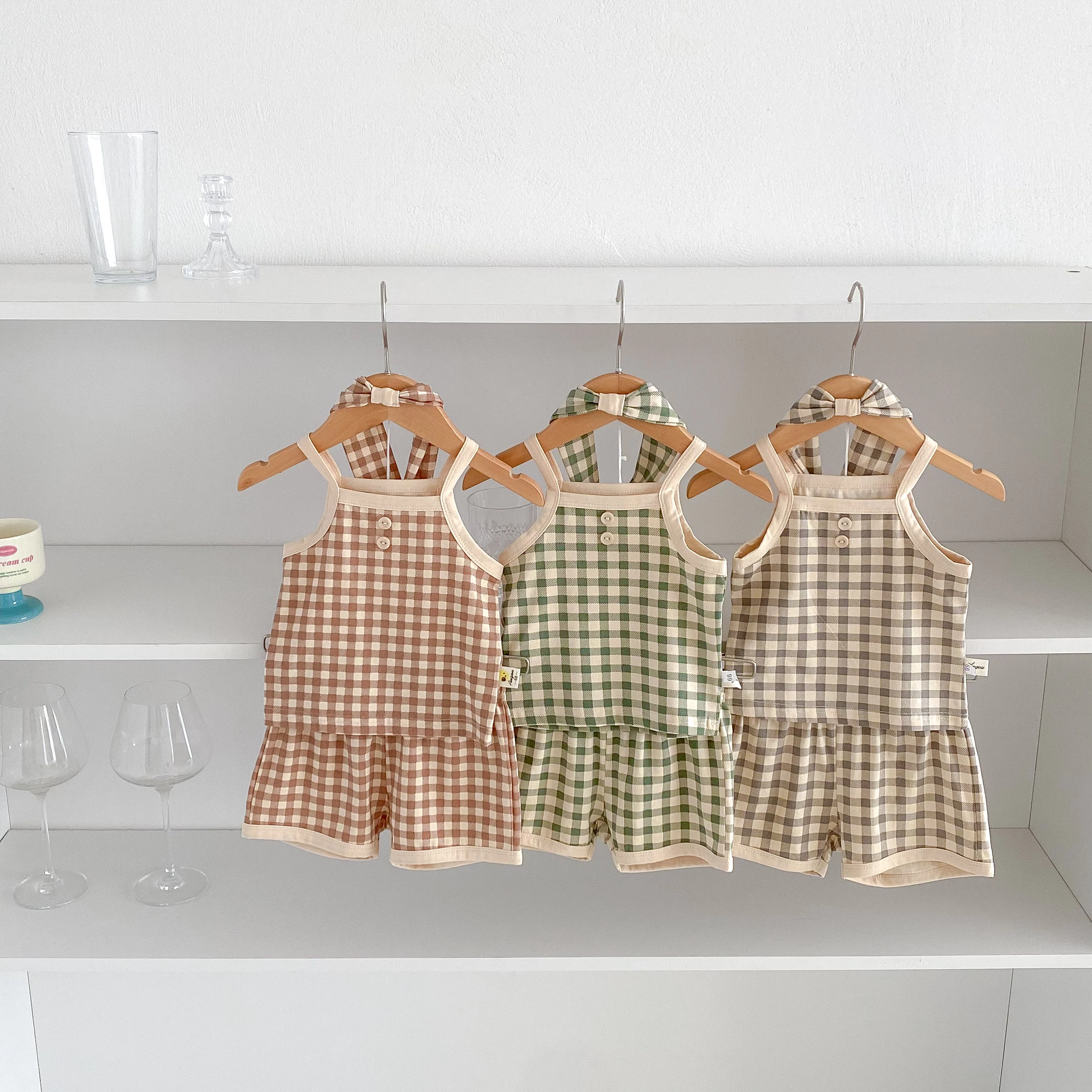 INS Summer Baby Halter Set for Boys and Girls - Checkered Cool T-Shirt + Short Pants for Casual Home Wear