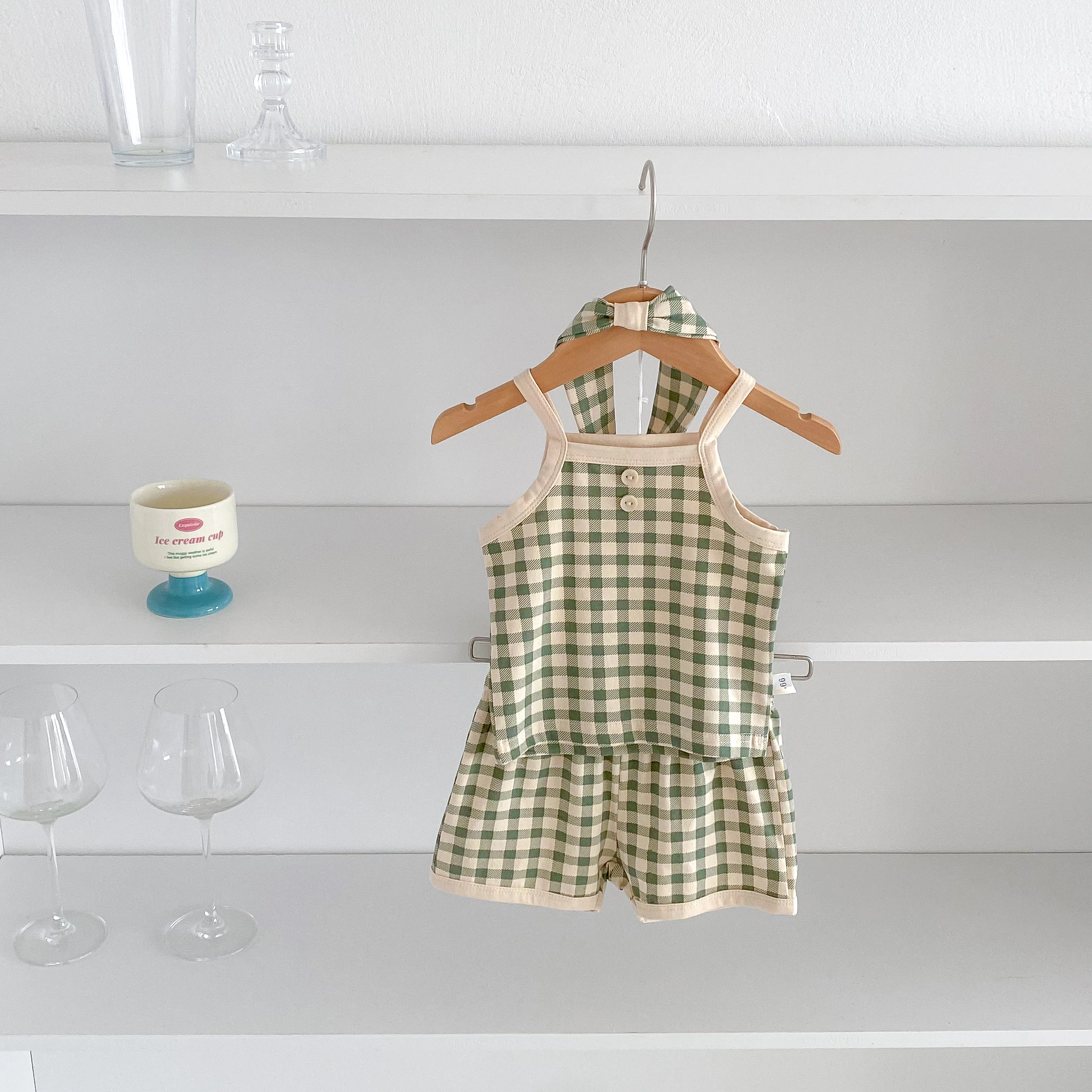 INS Summer Baby Halter Set for Boys and Girls - Checkered Cool T-Shirt + Short Pants for Casual Home Wear