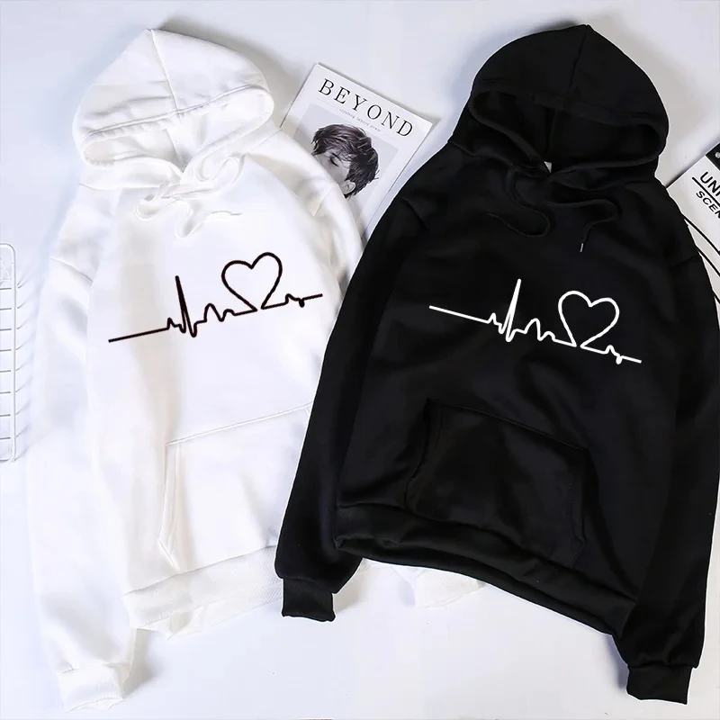 New Women's 2026 Casual Hoodie Autumn/winter Heartbeat Print Men's Loose Hoodie Couple Sweatshirt Women's Hoodie Top Streetwear