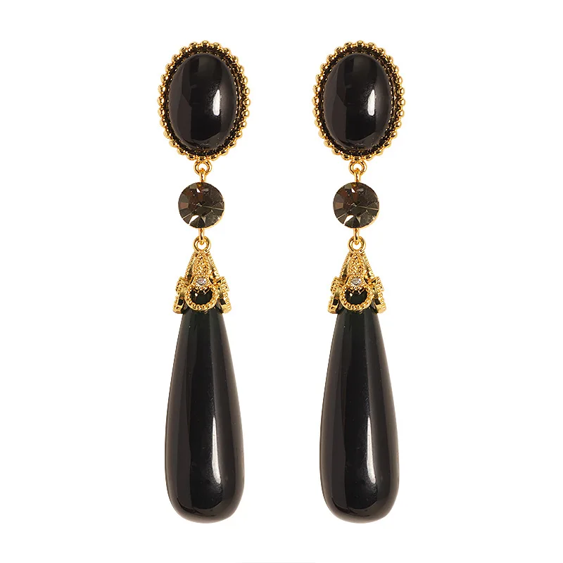 Retro style palace style long large water drop resin drop earrings light luxury high-end face slimming tassel commuter earrings