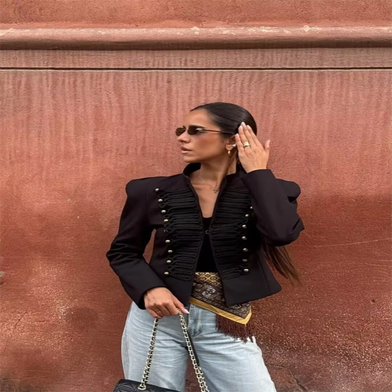 Women's Jacket Short Blazer Rope-Braided Decoration Gold Button Epaulette Women's Wear 2026 Spring Coat