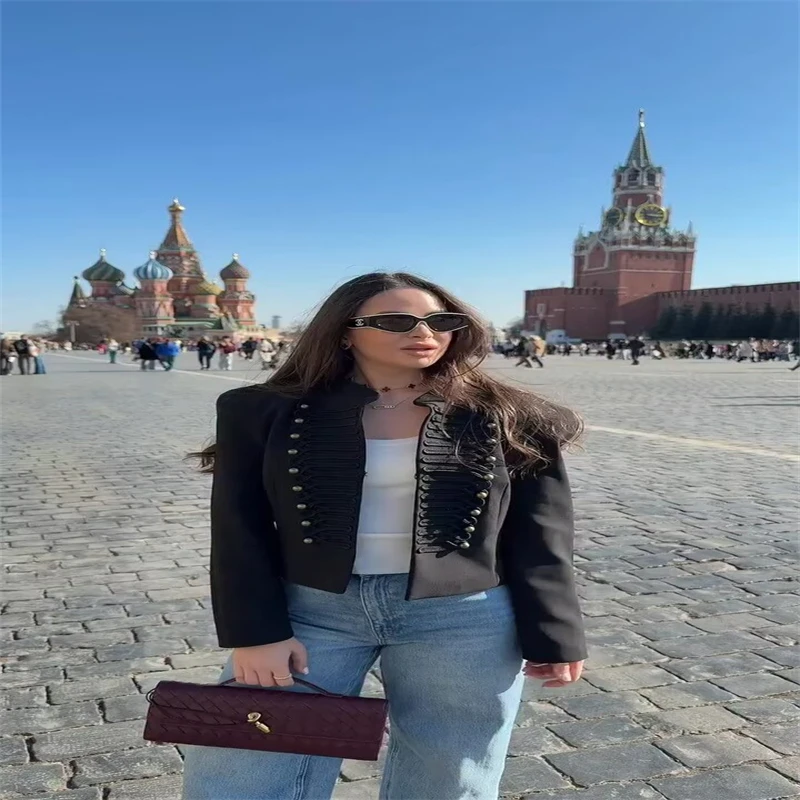Women's Jacket Short Blazer Rope-Braided Decoration Gold Button Epaulette Women's Wear 2026 Spring Coat
