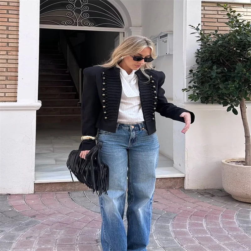 Women's Jacket Short Blazer Rope-Braided Decoration Gold Button Epaulette Women's Wear 2026 Spring Coat