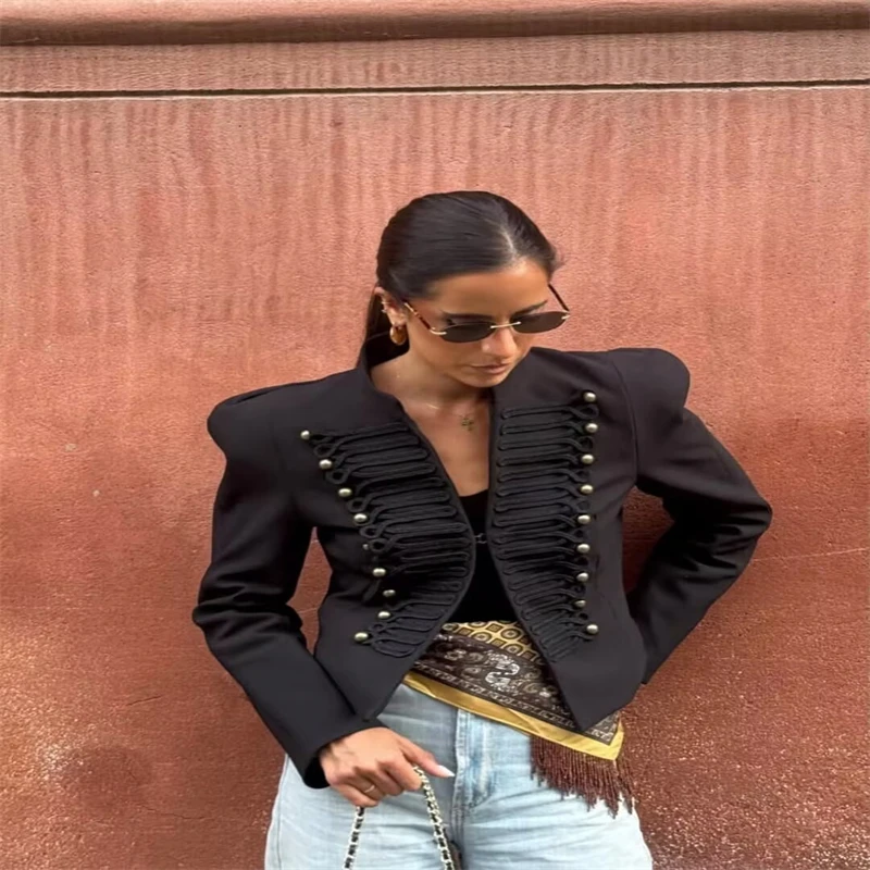 Women's Jacket Short Blazer Rope-Braided Decoration Gold Button Epaulette Women's Wear 2026 Spring Coat