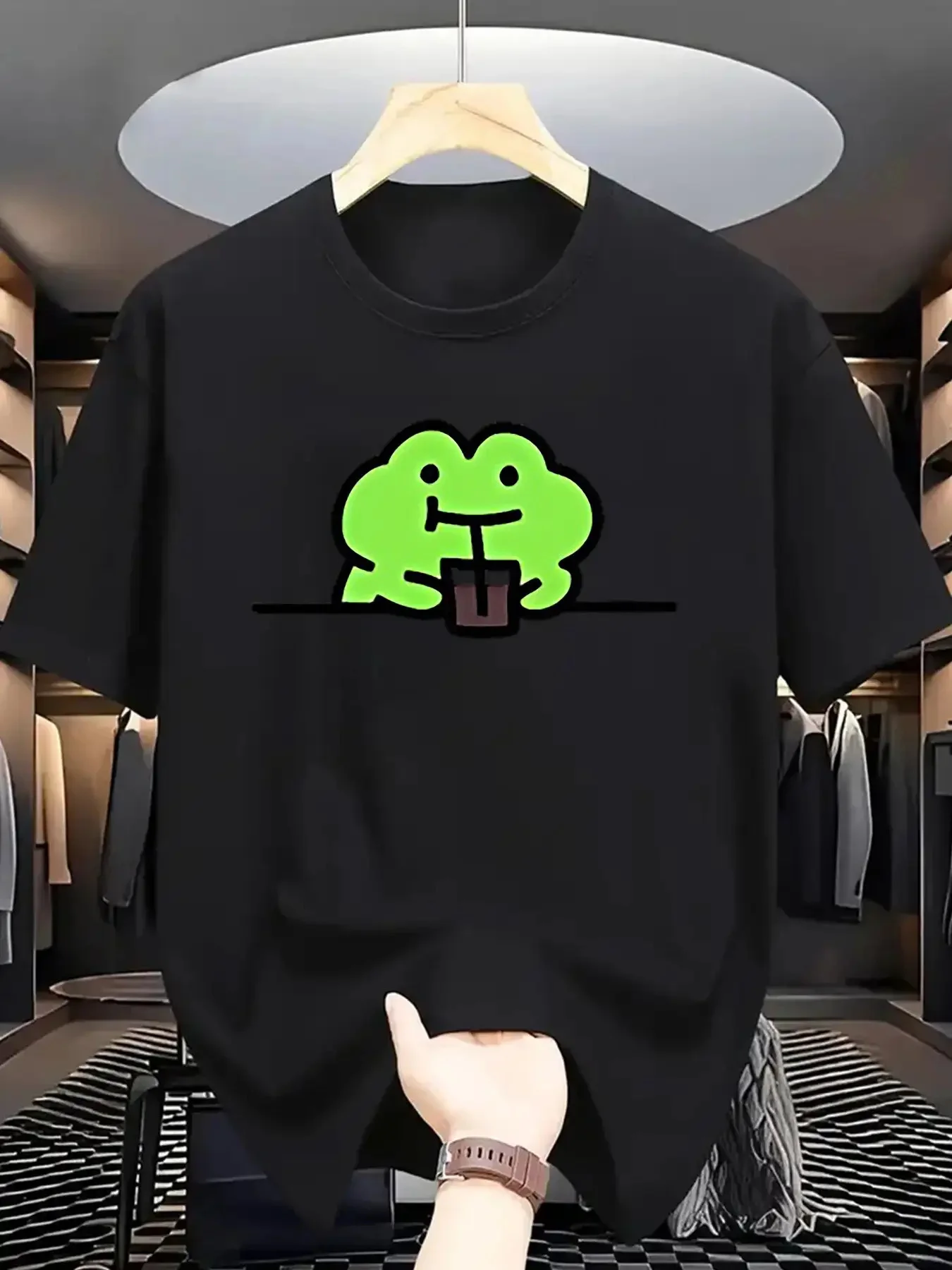Adorable Kawaii Green Frog Drinking Coffee Print T-Shirt Korean Style Casual All Match Short Sleeve Top for Men and Women Black