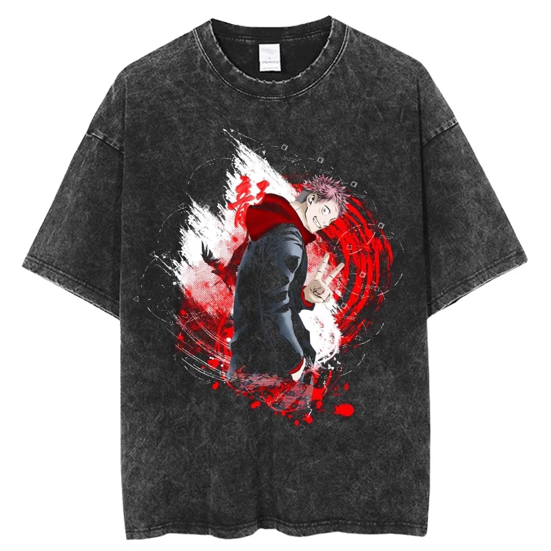 Jujutsu Kaisen Yuji Itadori & Ryomen Sukuna Split Face Printed T-shirt Men's and Women's Washed T-shirt High Quality T-shirt