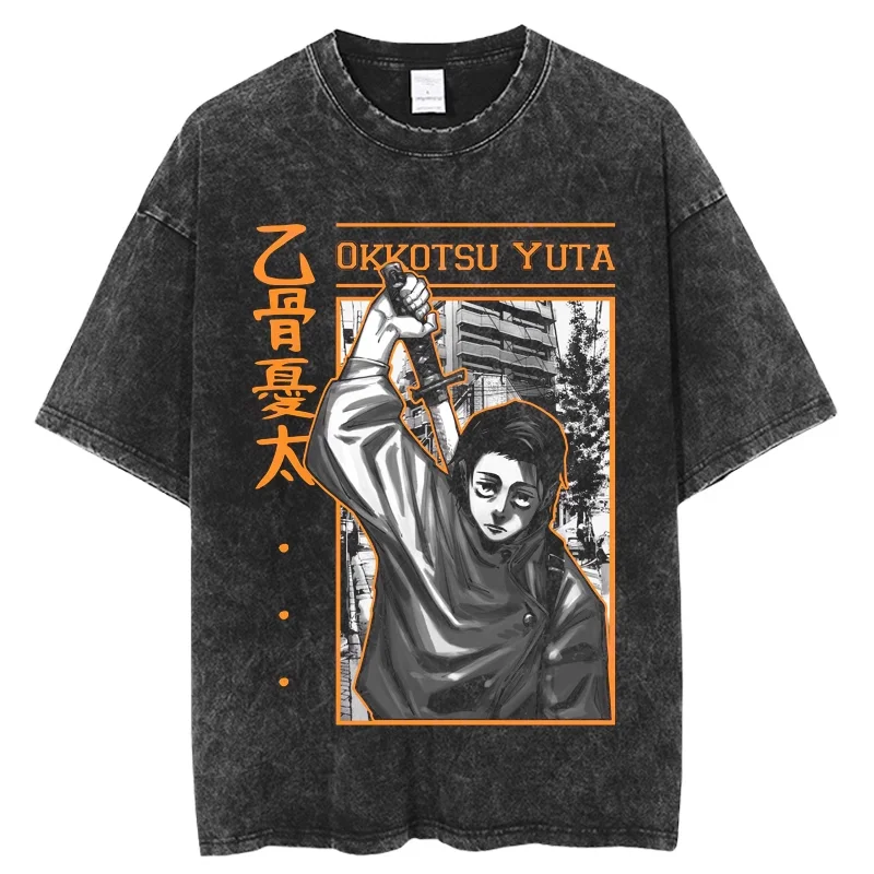 Jujutsu Kaisen Yuji Itadori & Ryomen Sukuna Split Face Printed T-shirt Men's and Women's Washed T-shirt High Quality T-shirt