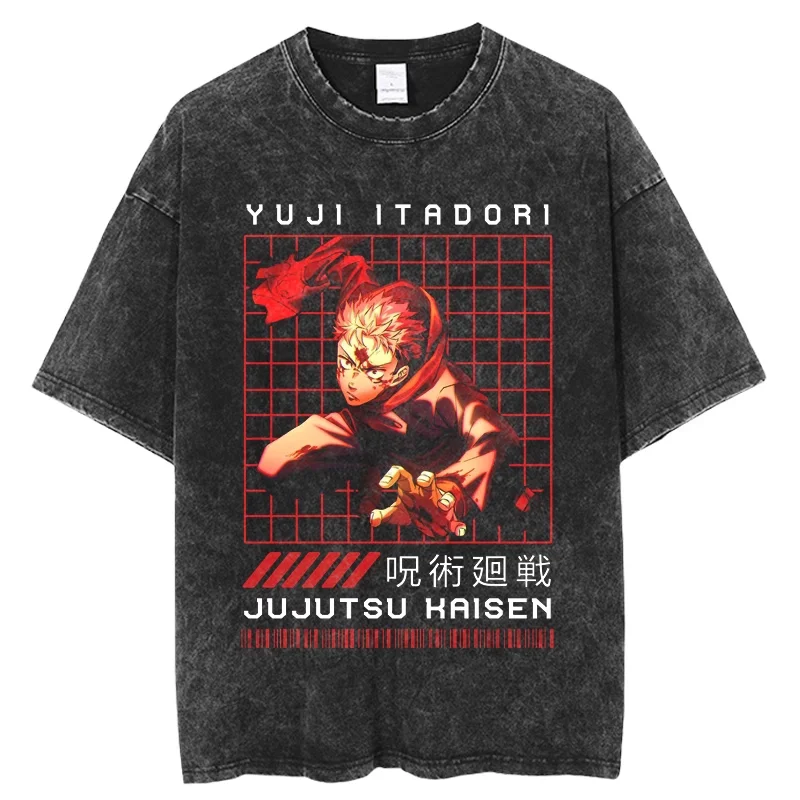 Jujutsu Kaisen Yuji Itadori & Ryomen Sukuna Split Face Printed T-shirt Men's and Women's Washed T-shirt High Quality T-shirt