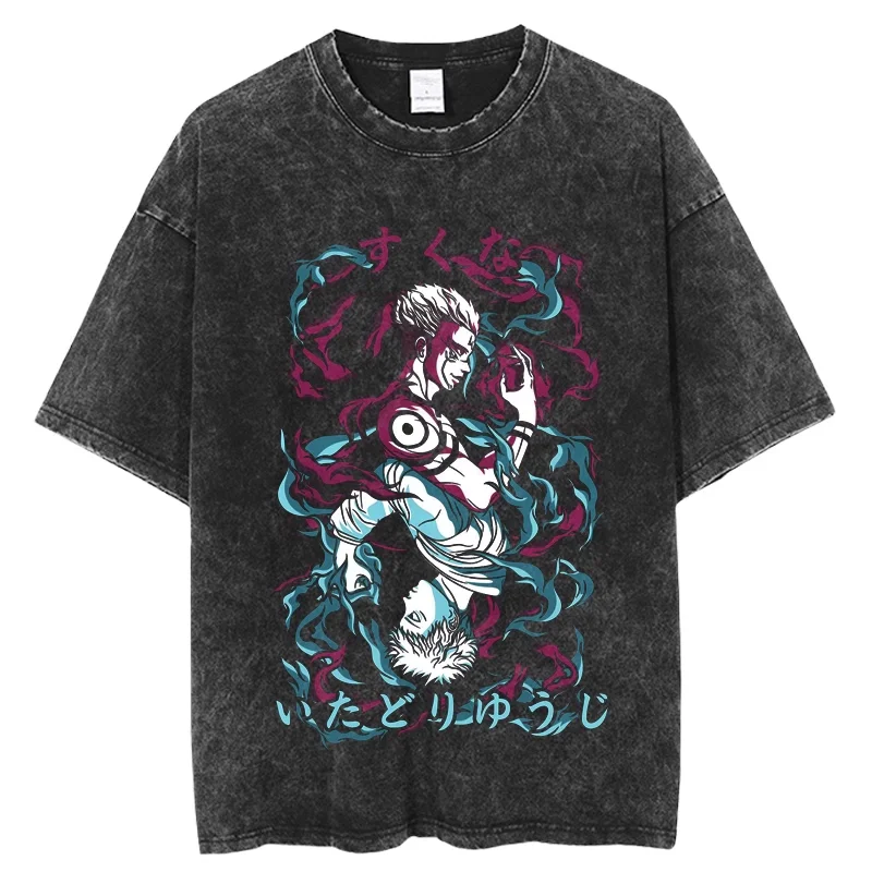 Jujutsu Kaisen Yuji Itadori & Ryomen Sukuna Split Face Printed T-shirt Men's and Women's Washed T-shirt High Quality T-shirt