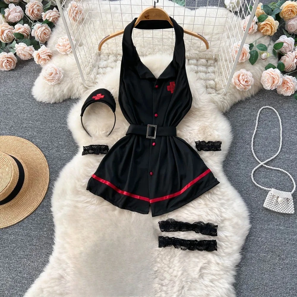 Woman Fashion Sexy Comfortable Halter Dress Summer V Neck Vintage Belt Slim Dress Women Backless Sexuality Club Dress New