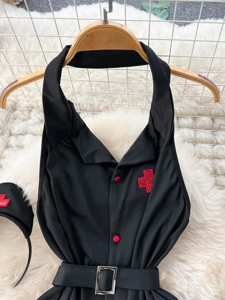Woman Fashion Sexy Comfortable Halter Dress Summer V Neck Vintage Belt Slim Dress Women Backless Sexuality Club Dress New