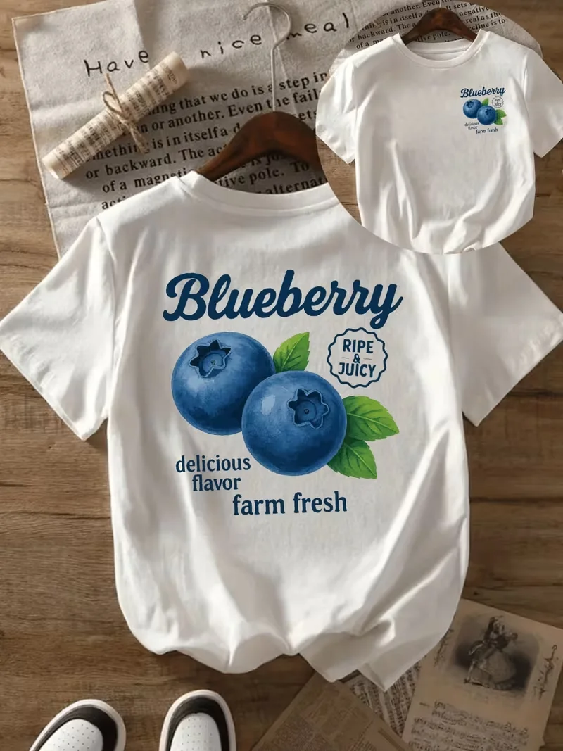 Women'S Casual Short Sleeve T-Shirt - Blueberry Ripe & Print, White Round Neck Tee, Spring & Summer Fashion, Ladies T Shirts