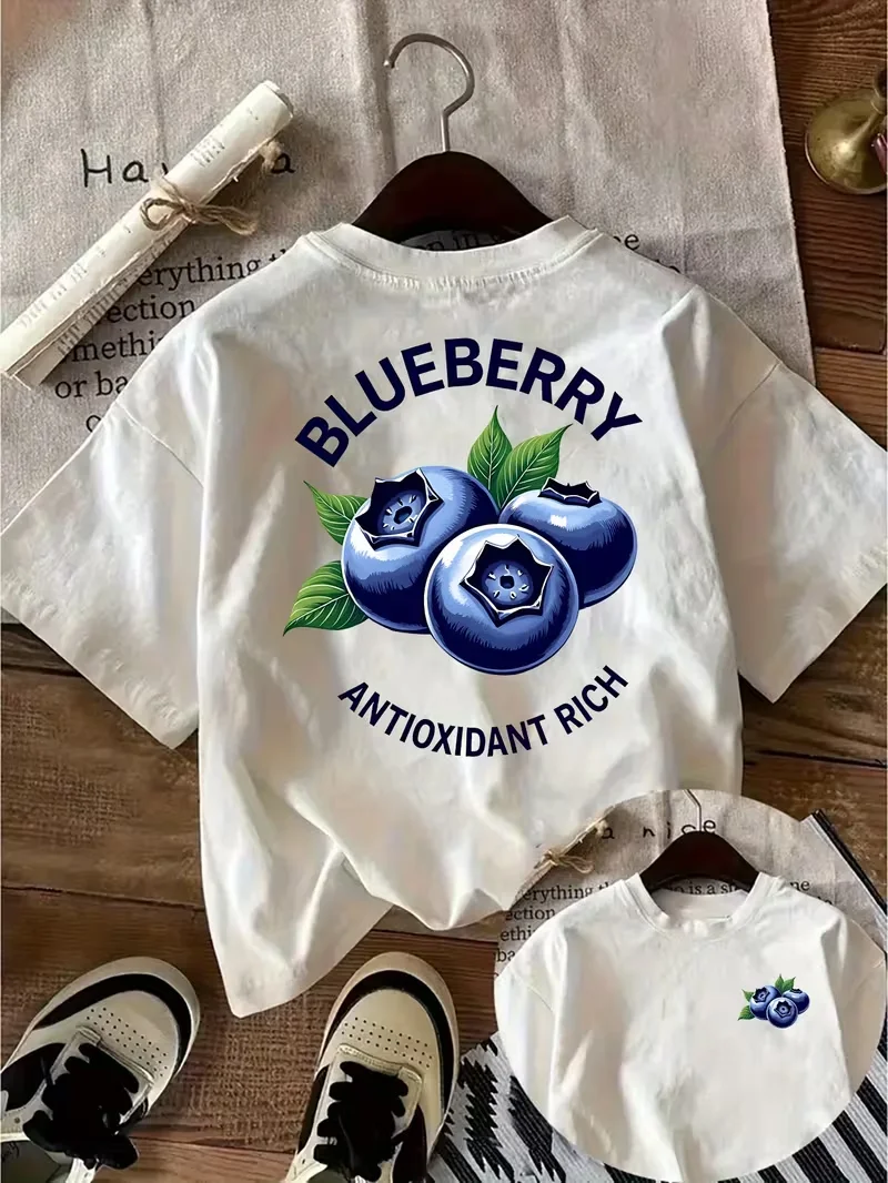 Women'S Casual Short Sleeve T-Shirt - Blueberry Ripe & Print, White Round Neck Tee, Spring & Summer Fashion, Ladies T Shirts