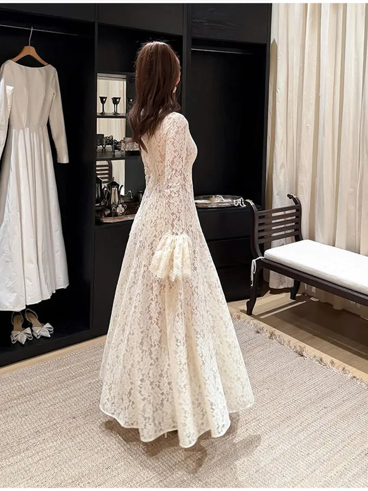 2026 New Solid Color Floral Lace Maxi Dress High Neck Long Flare Sleeve A Line Floor Length Formal Wedding Evening Party Gowns
