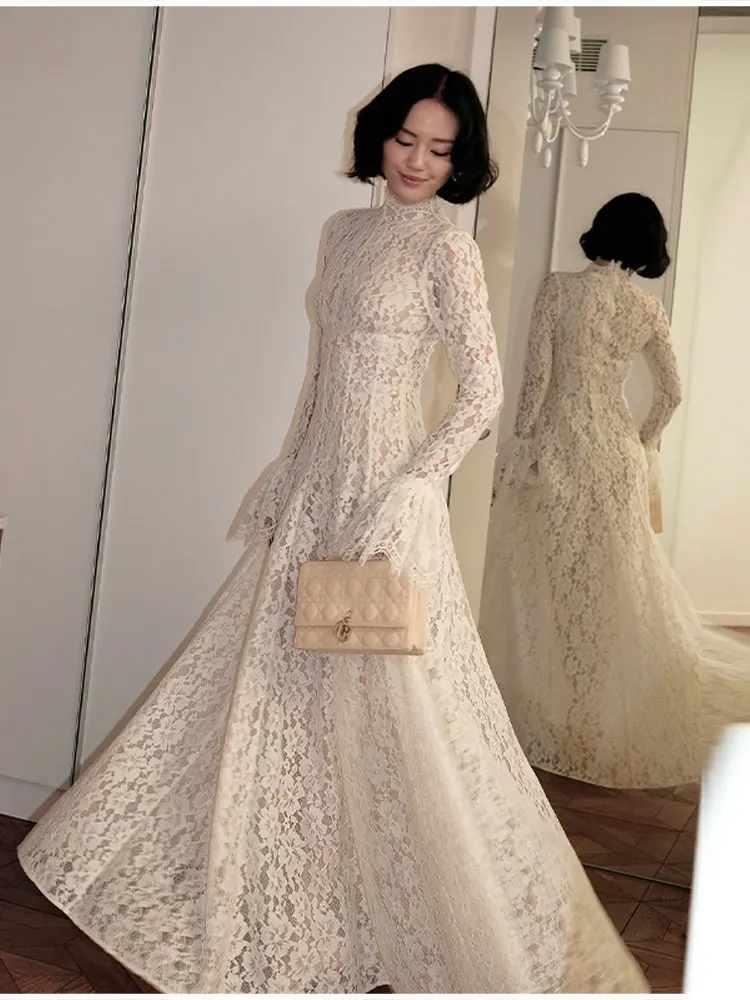 2026 New Solid Color Floral Lace Maxi Dress High Neck Long Flare Sleeve A Line Floor Length Formal Wedding Evening Party Gowns
