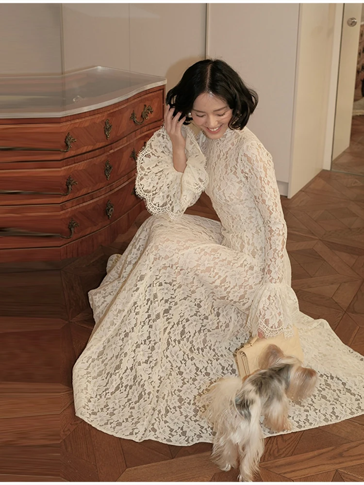 2026 New Solid Color Floral Lace Maxi Dress High Neck Long Flare Sleeve A Line Floor Length Formal Wedding Evening Party Gowns