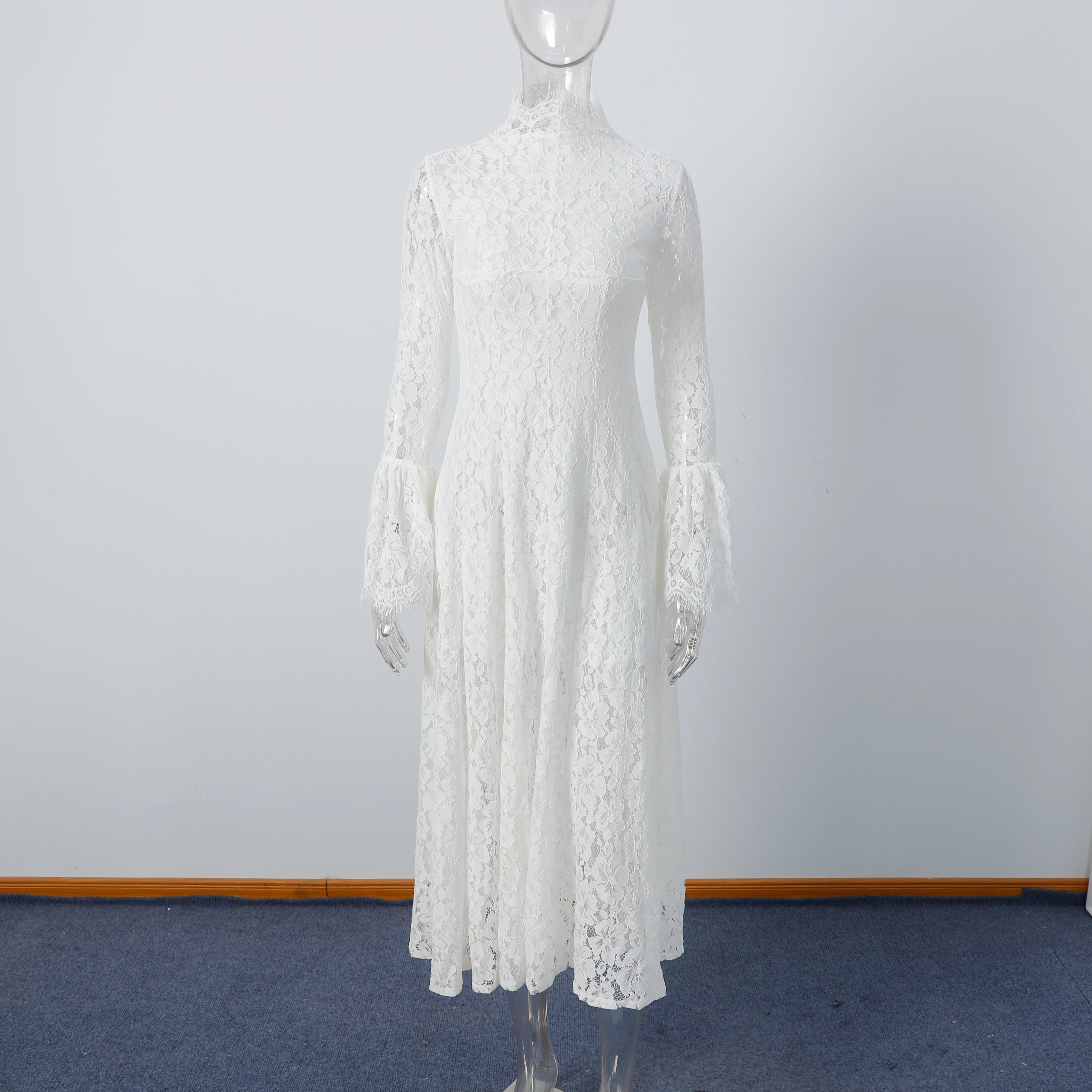 2026 New Solid Color Floral Lace Maxi Dress High Neck Long Flare Sleeve A Line Floor Length Formal Wedding Evening Party Gowns