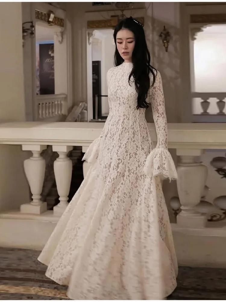 2026 New Solid Color Floral Lace Maxi Dress High Neck Long Flare Sleeve A Line Floor Length Formal Wedding Evening Party Gowns