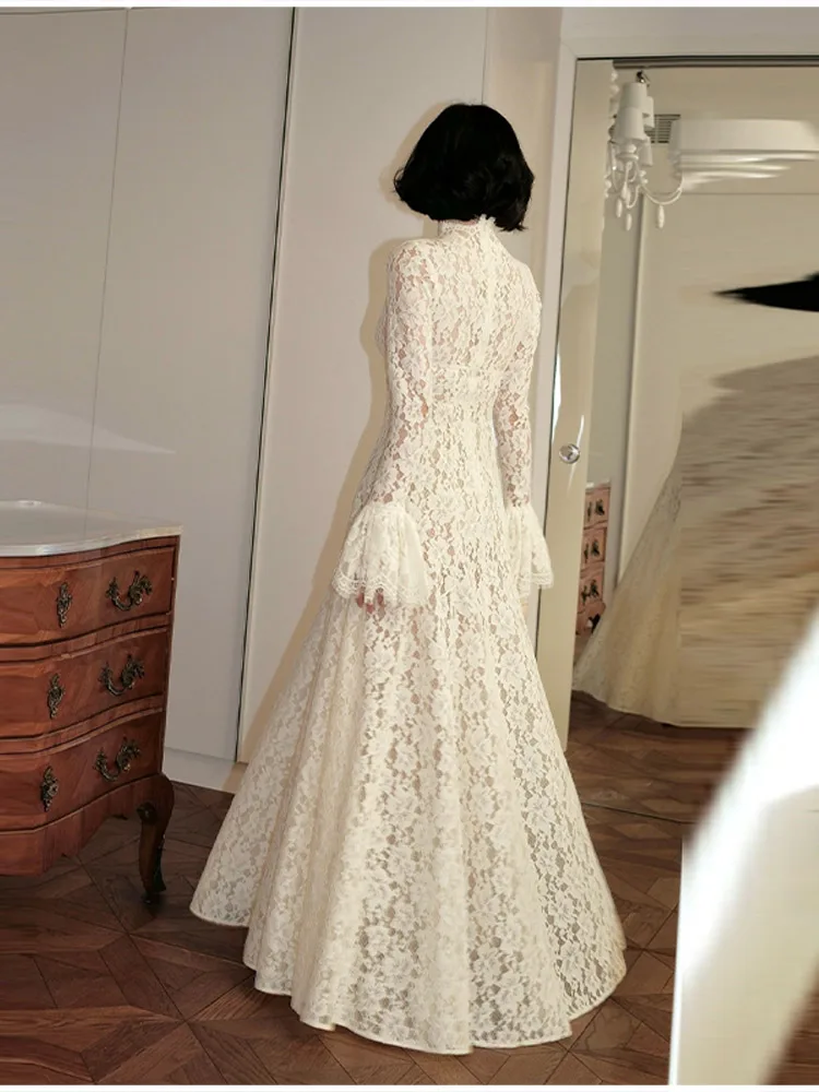 2026 New Solid Color Floral Lace Maxi Dress High Neck Long Flare Sleeve A Line Floor Length Formal Wedding Evening Party Gowns