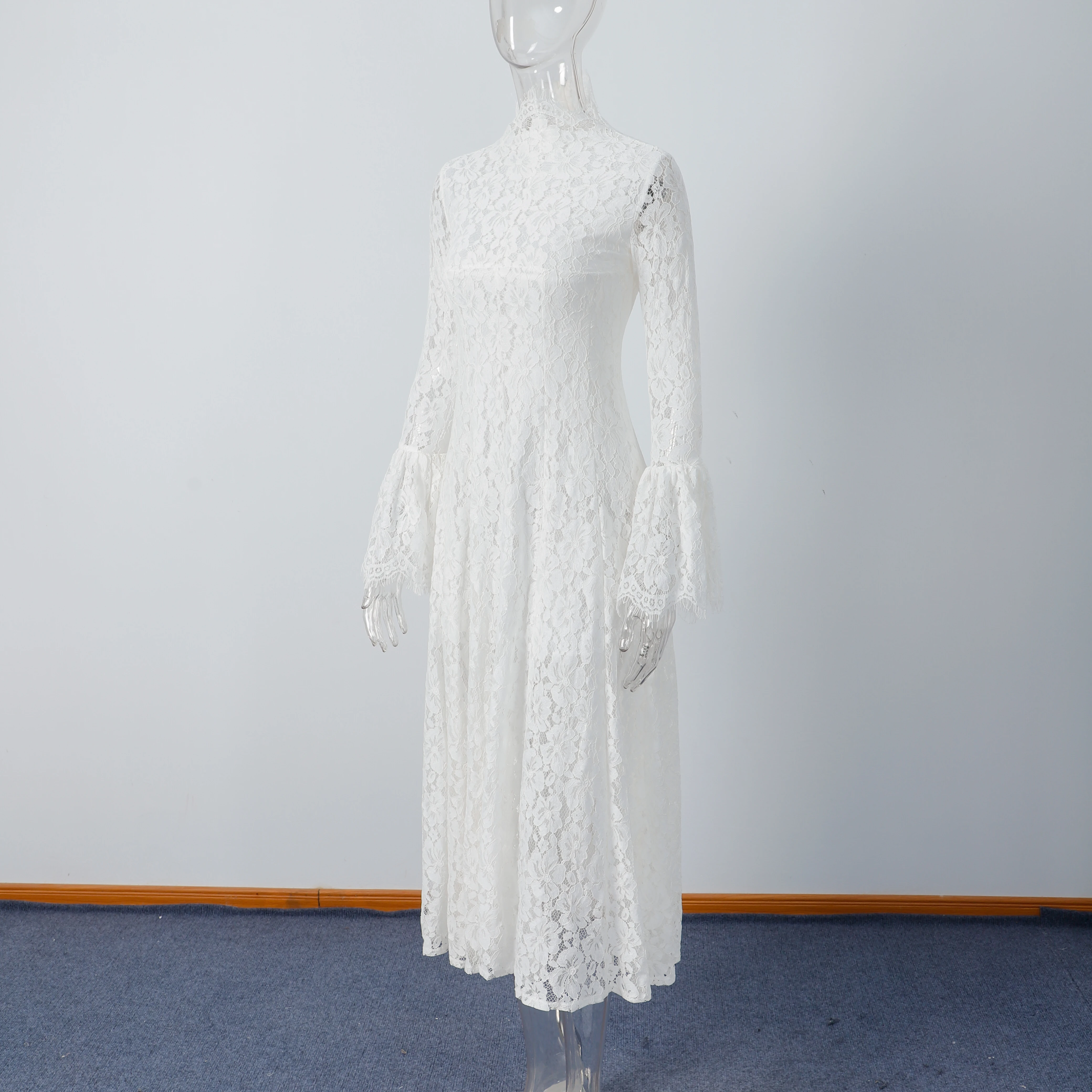 2026 New Solid Color Floral Lace Maxi Dress High Neck Long Flare Sleeve A Line Floor Length Formal Wedding Evening Party Gowns