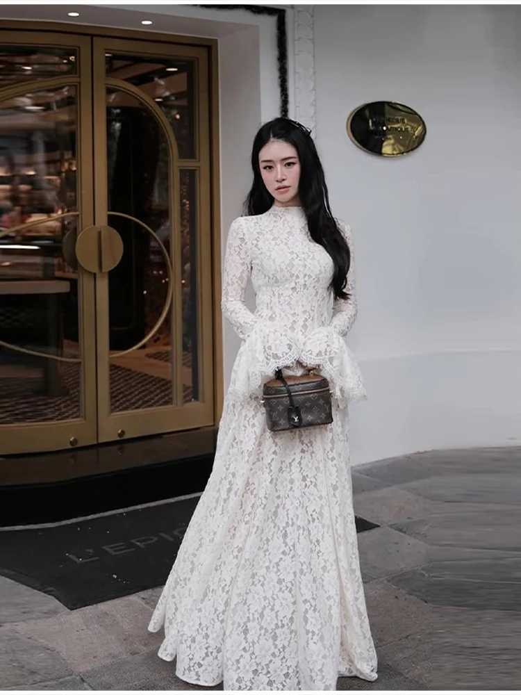 2026 New Solid Color Floral Lace Maxi Dress High Neck Long Flare Sleeve A Line Floor Length Formal Wedding Evening Party Gowns