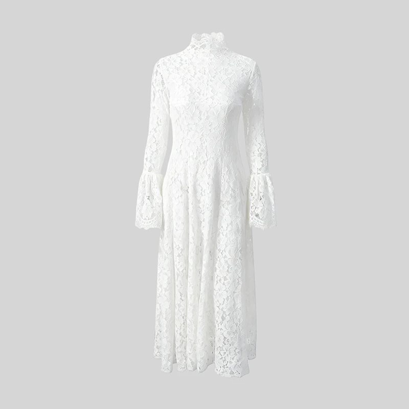2026 New Solid Color Floral Lace Maxi Dress High Neck Long Flare Sleeve A Line Floor Length Formal Wedding Evening Party Gowns