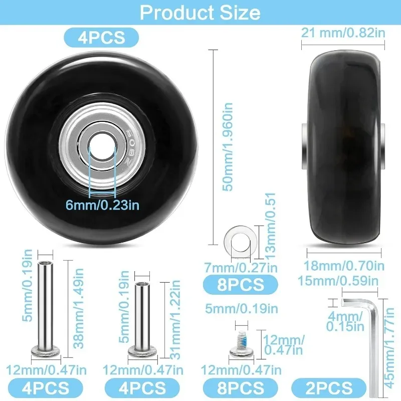 4 PCS 50x18mm Luggage Suitcase Replacement Wheels, Rubber Luggage Wheel Repair Kit Heavy Duty Suitcase Wheels Replacement(Black)