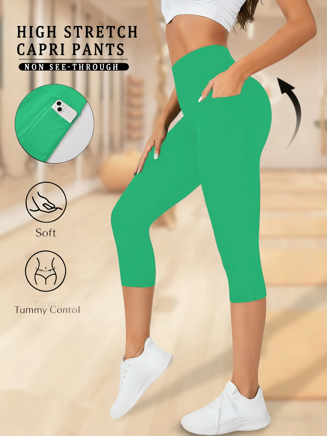 Women Capri Pants with Pockets 5 Inch High Waisted Super Soft No See Through Tummy Control Running Yoga