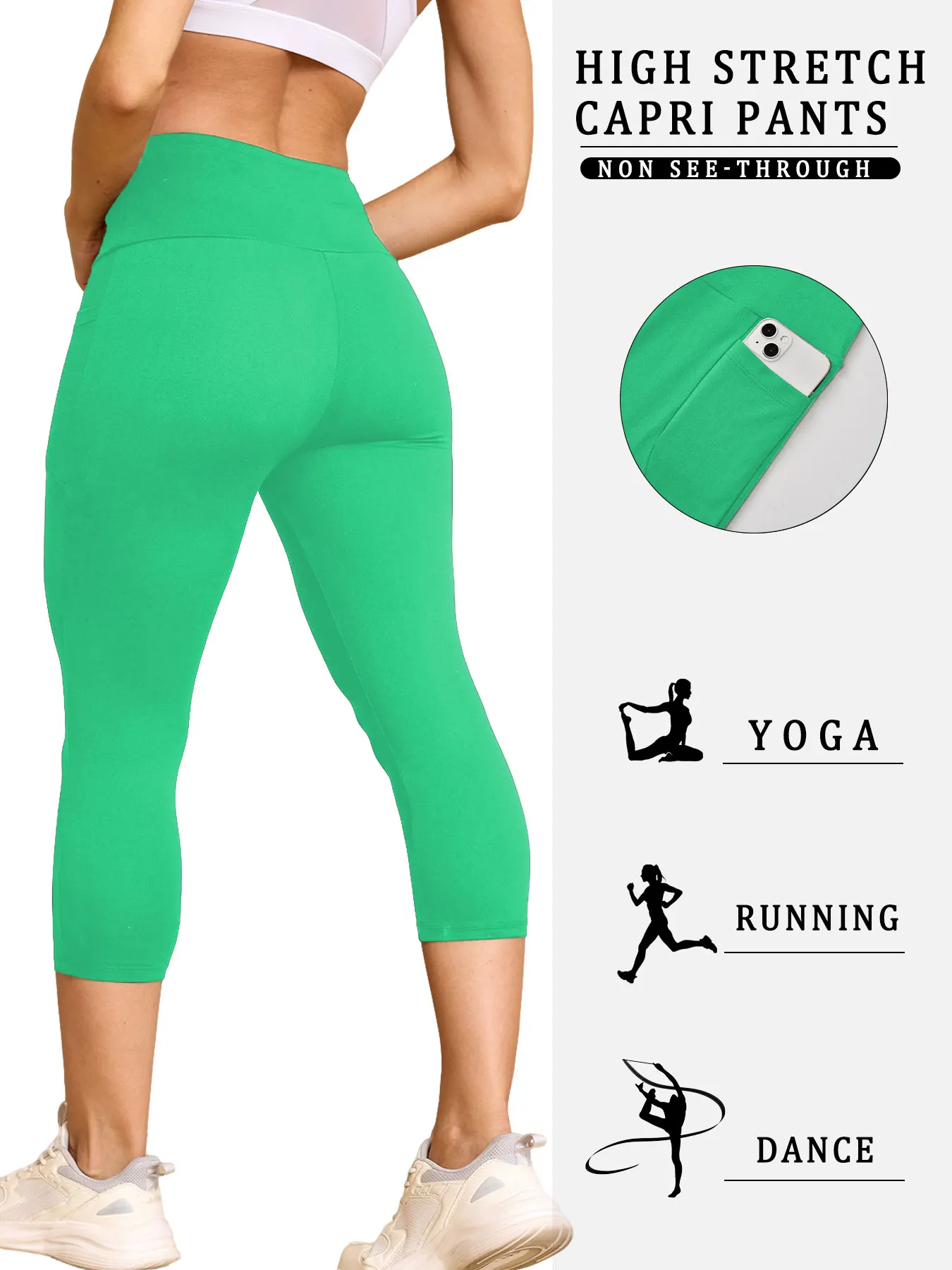 Women Capri Pants with Pockets 5 Inch High Waisted Super Soft No See Through Tummy Control Running Yoga