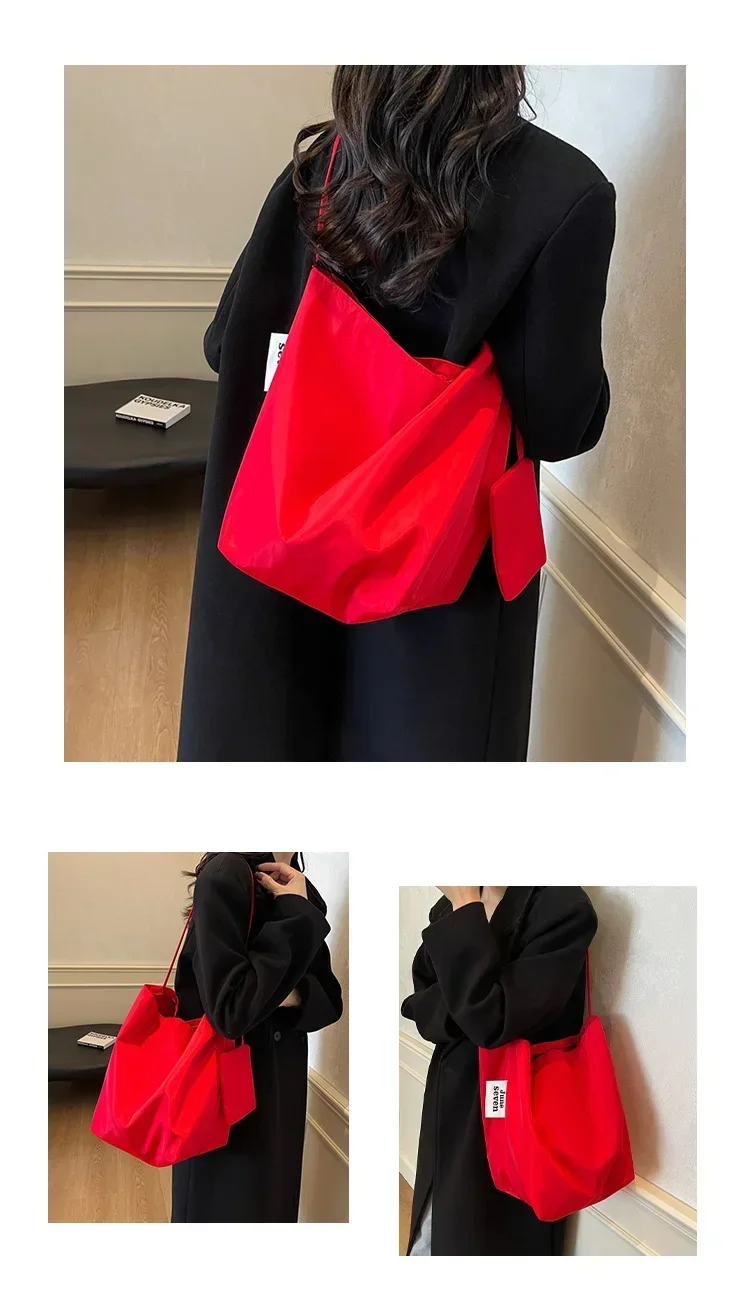 Niche Fashion Simple Shoulder Bag Tote Bag for Women 2026 New Nylon Fabric Underarm Bucket Bag Red Una Bolsa De Hombro