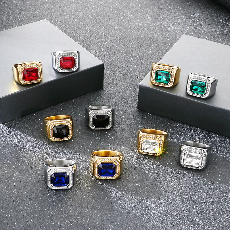 KALEN Trendy Stainless Steel Larger Men's Finger Ring Square Cut Zircon Stone Cocktail Rings Hip Hop Business Fashion Jewelry