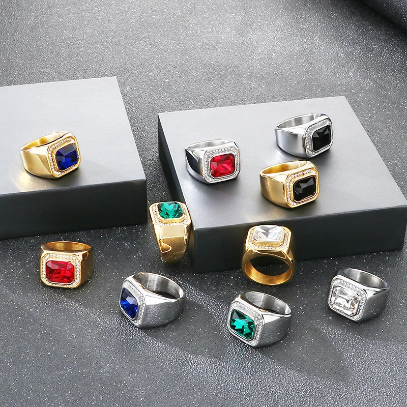 KALEN Trendy Stainless Steel Larger Men's Finger Ring Square Cut Zircon Stone Cocktail Rings Hip Hop Business Fashion Jewelry