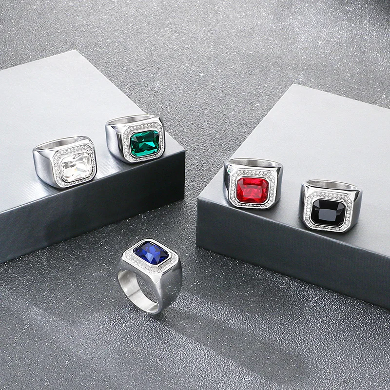 KALEN Trendy Stainless Steel Larger Men's Finger Ring Square Cut Zircon Stone Cocktail Rings Hip Hop Business Fashion Jewelry
