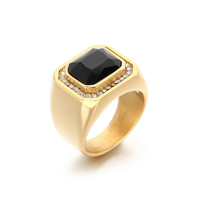 KALEN Trendy Stainless Steel Larger Men's Finger Ring Square Cut Zircon Stone Cocktail Rings Hip Hop Business Fashion Jewelry