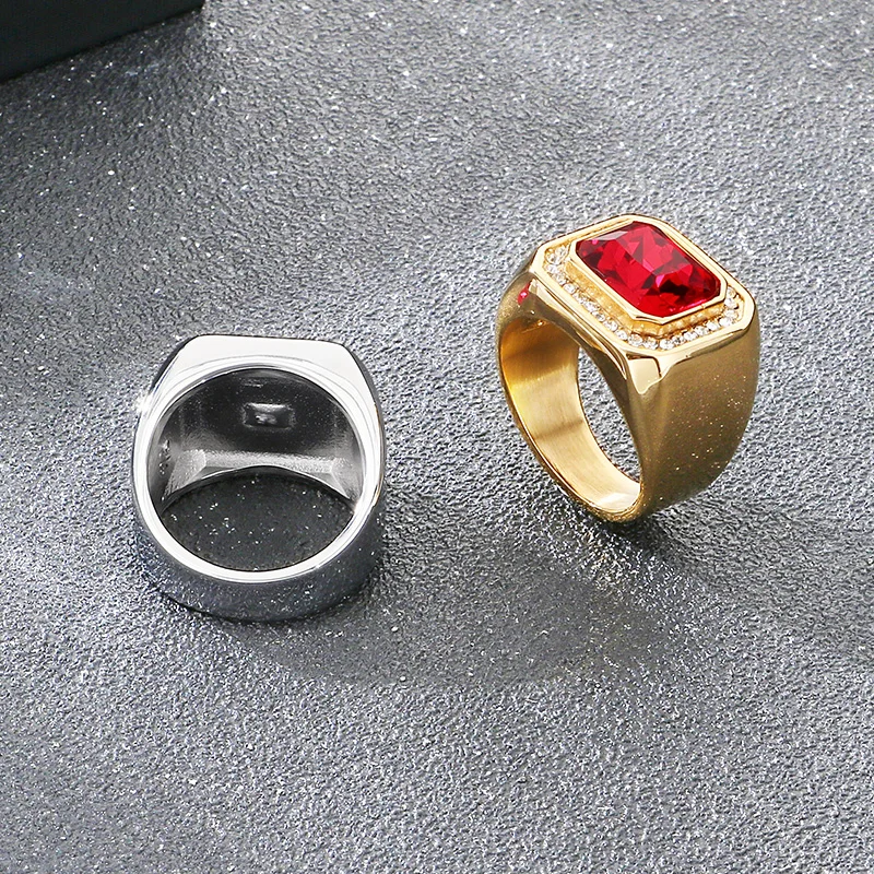 KALEN Trendy Stainless Steel Larger Men's Finger Ring Square Cut Zircon Stone Cocktail Rings Hip Hop Business Fashion Jewelry
