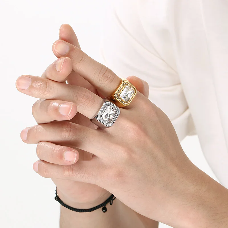 KALEN Trendy Stainless Steel Larger Men's Finger Ring Square Cut Zircon Stone Cocktail Rings Hip Hop Business Fashion Jewelry