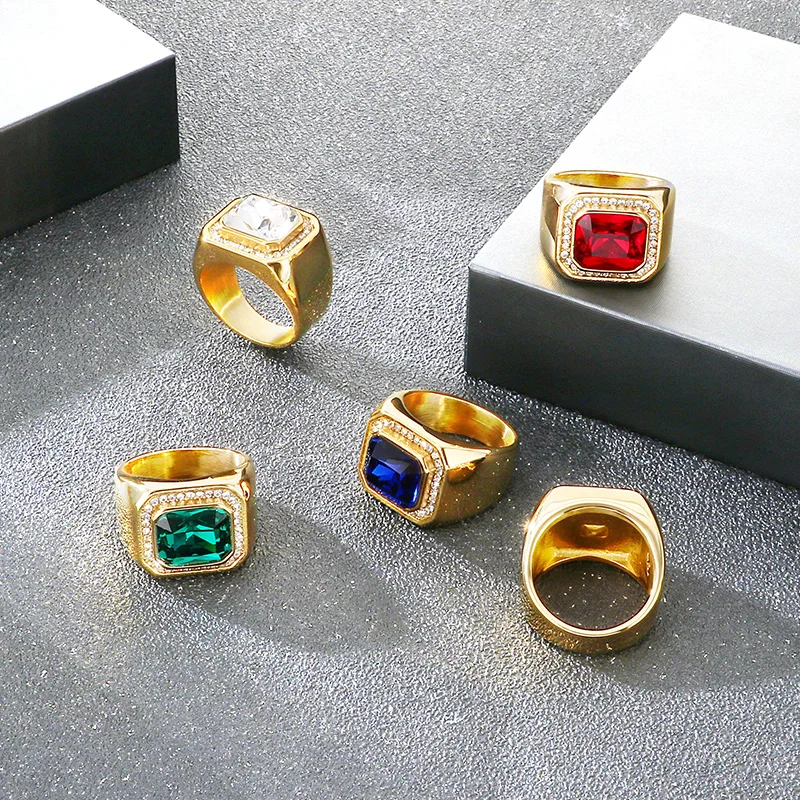 KALEN Trendy Stainless Steel Larger Men's Finger Ring Square Cut Zircon Stone Cocktail Rings Hip Hop Business Fashion Jewelry