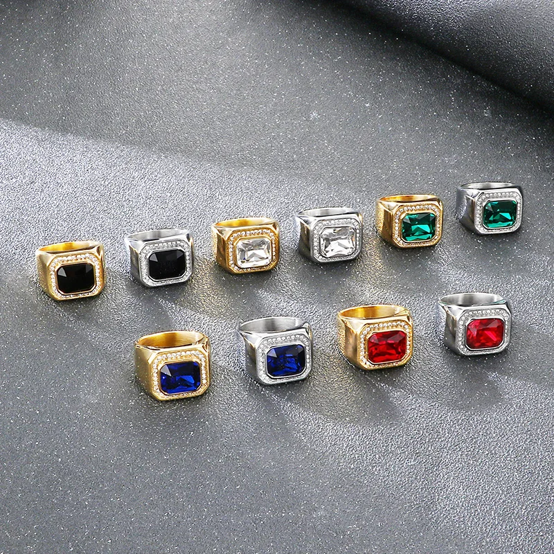 KALEN Trendy Stainless Steel Larger Men's Finger Ring Square Cut Zircon Stone Cocktail Rings Hip Hop Business Fashion Jewelry