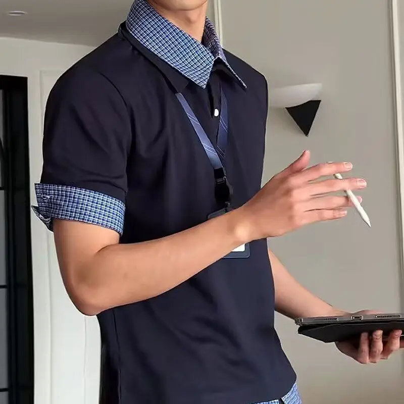 Fake Two-piece Plaid Polo-collar Shirt Short-sleeved Splice Design American Preppy Style Tshirts Casual Unisex Pullovers T-shirt