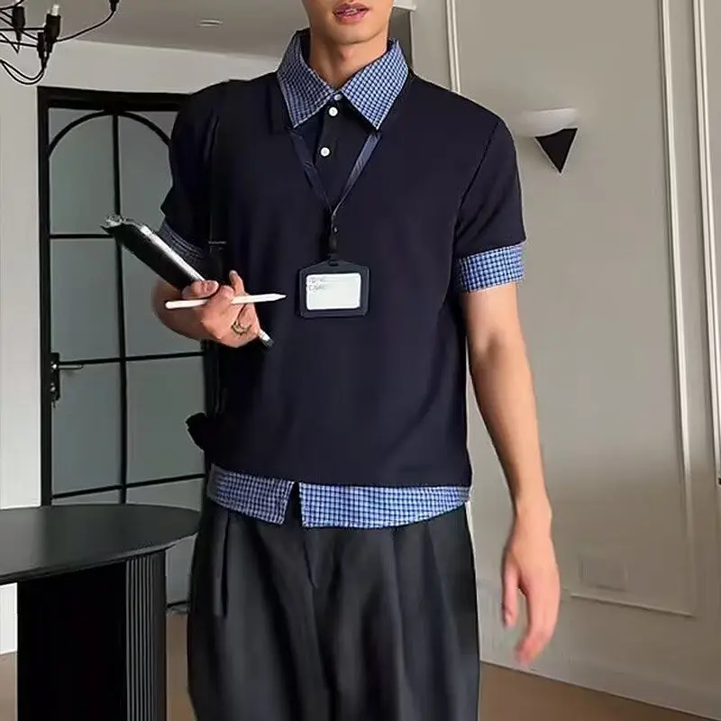 Fake Two-piece Plaid Polo-collar Shirt Short-sleeved Splice Design American Preppy Style Tshirts Casual Unisex Pullovers T-shirt