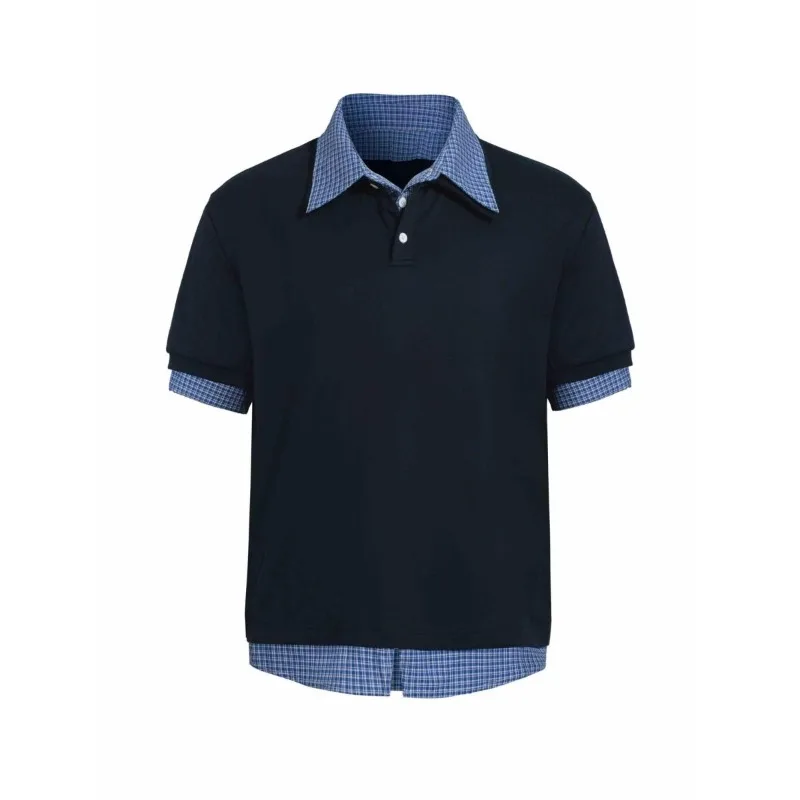 Fake Two-piece Plaid Polo-collar Shirt Short-sleeved Splice Design American Preppy Style Tshirts Casual Unisex Pullovers T-shirt