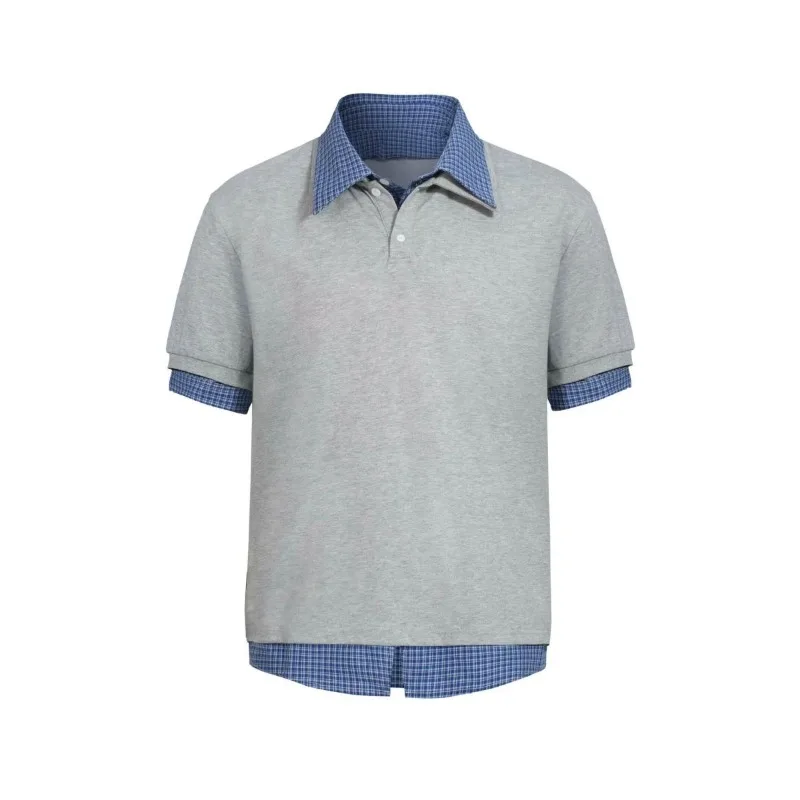 Fake Two-piece Plaid Polo-collar Shirt Short-sleeved Splice Design American Preppy Style Tshirts Casual Unisex Pullovers T-shirt