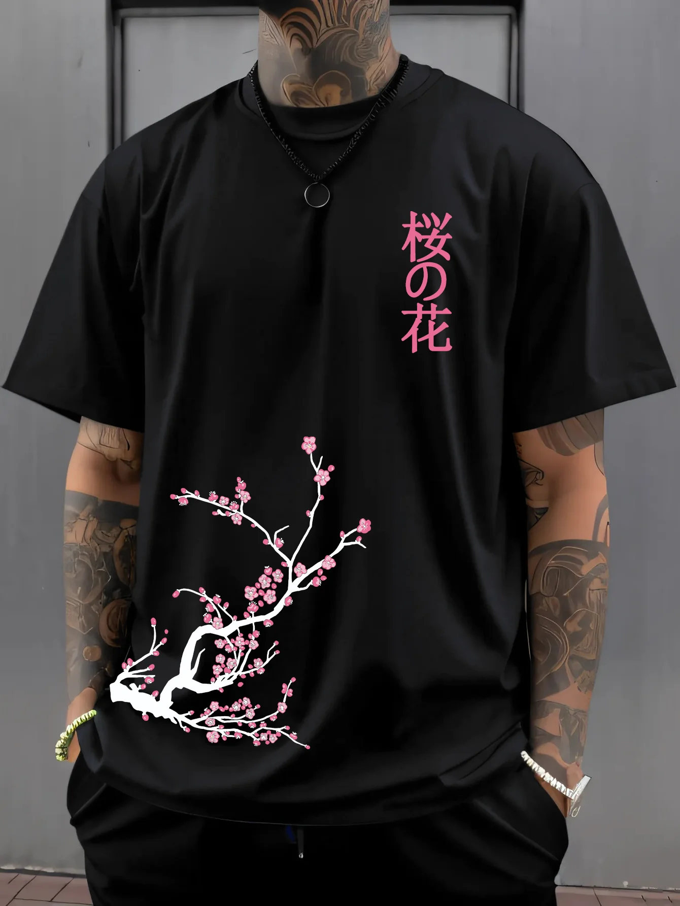 100% Cotton Men's Summer T Shirt Soft Breathable Comfortable Fabric Beautiful Cherry Blossom Pattern Suitable Daily Casual Wear