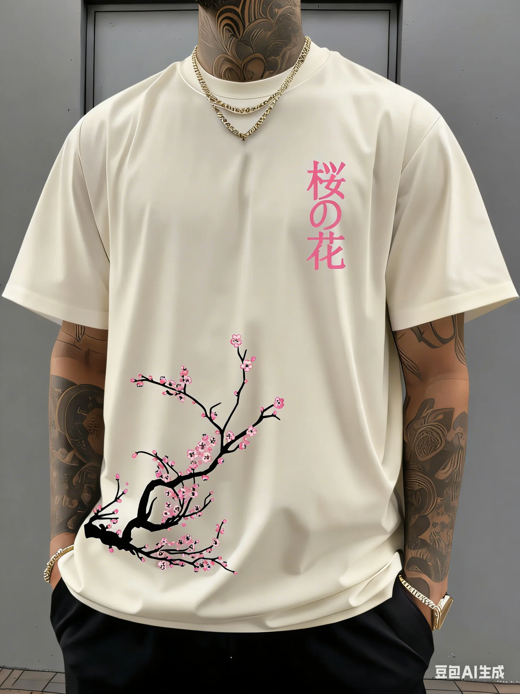 100% Cotton Men's Summer T Shirt Soft Breathable Comfortable Fabric Beautiful Cherry Blossom Pattern Suitable Daily Casual Wear