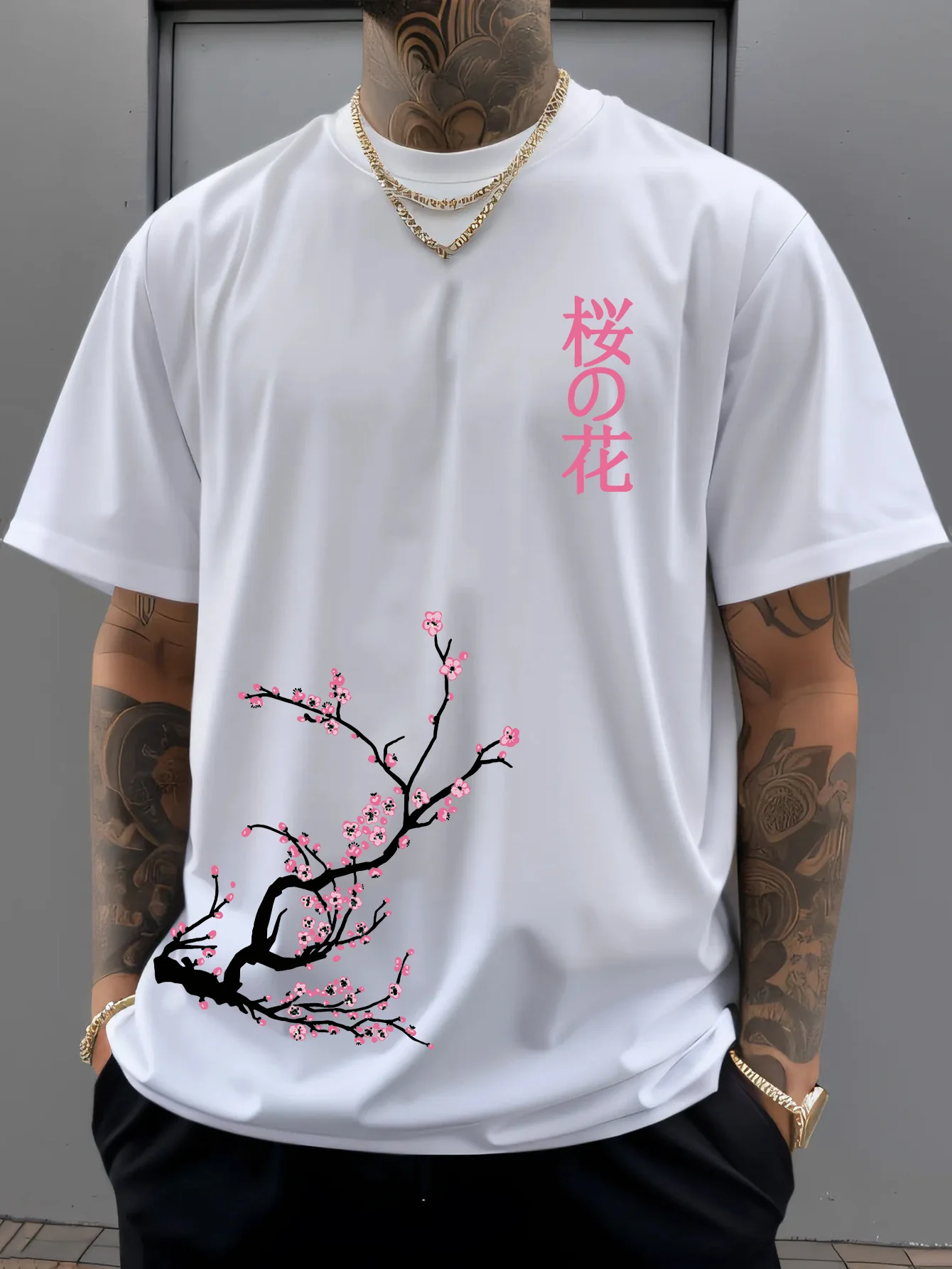 100% Cotton Men's Summer T Shirt Soft Breathable Comfortable Fabric Beautiful Cherry Blossom Pattern Suitable Daily Casual Wear