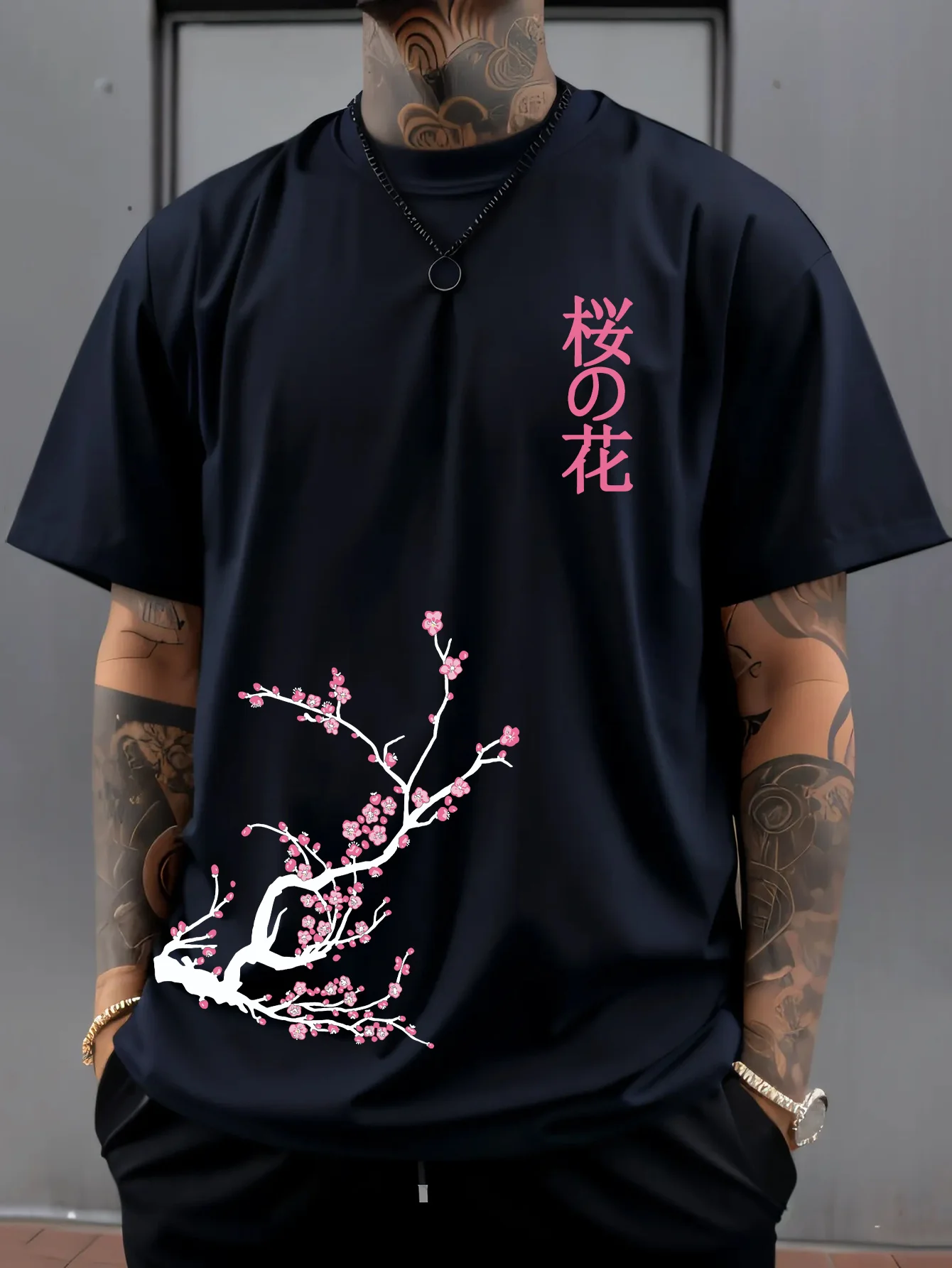 100% Cotton Men's Summer T Shirt Soft Breathable Comfortable Fabric Beautiful Cherry Blossom Pattern Suitable Daily Casual Wear
