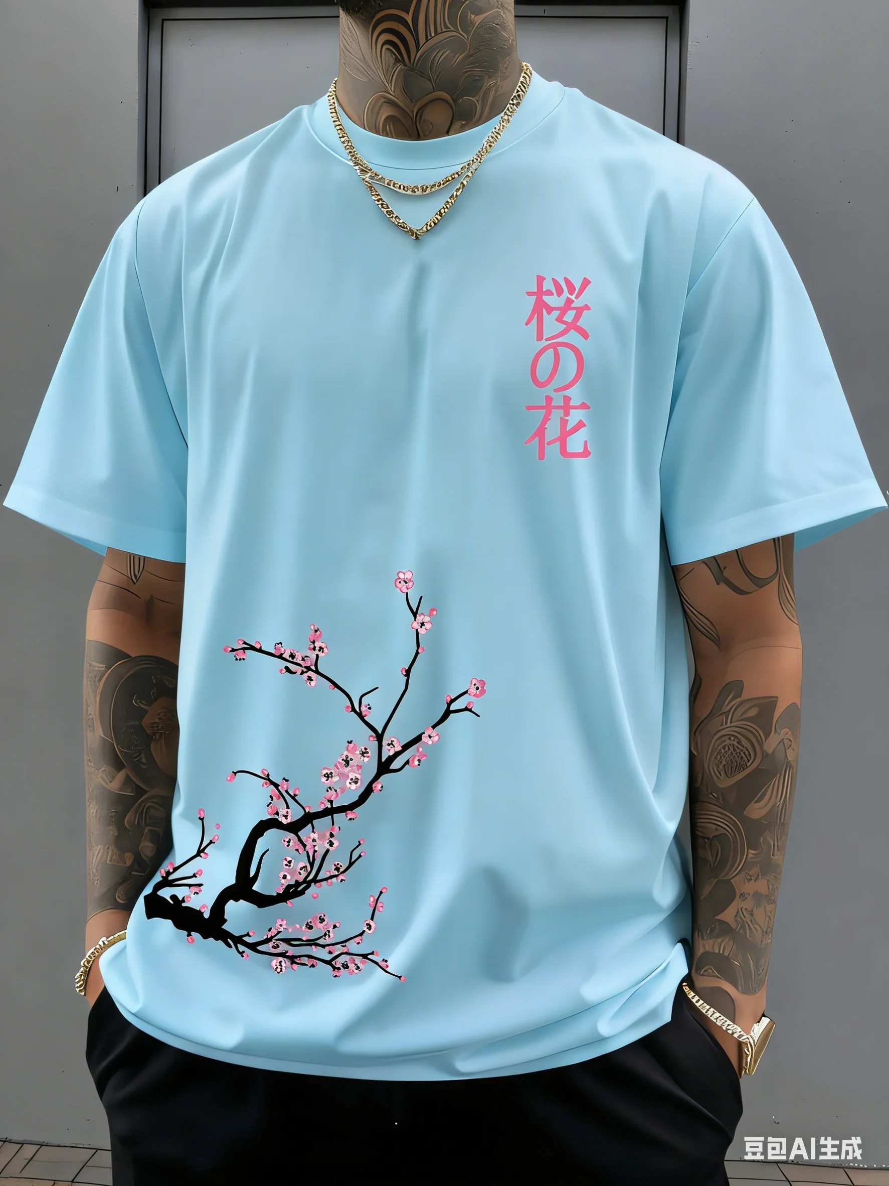 100% Cotton Men's Summer T Shirt Soft Breathable Comfortable Fabric Beautiful Cherry Blossom Pattern Suitable Daily Casual Wear