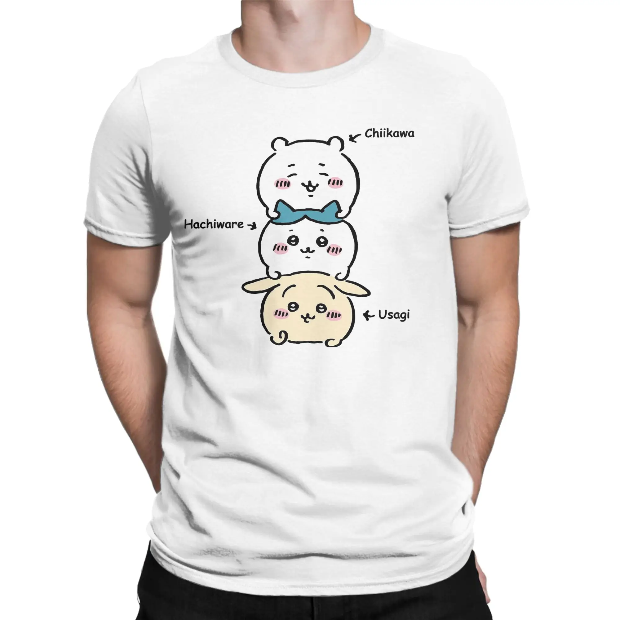 Vintage Chiikawas Usagi Hachiware Anime T-Shirts Men Round Neck 100% Cotton T Shirts Short Sleeve Tees 6XL Tops